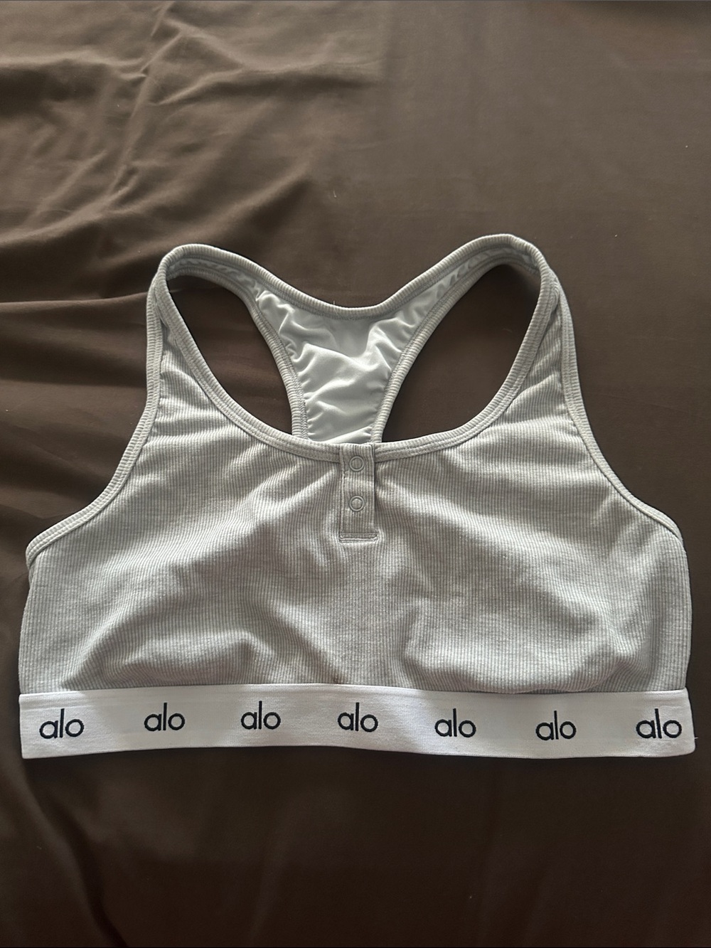 ALO Yoga Light Gray Ribbed Racerback Sports Bra with Logo Band